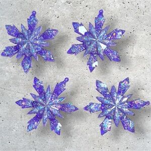 Handmade Handcrafted Set of 4 Christmas Glitter 3D Snowflake Resin Ornaments 4in